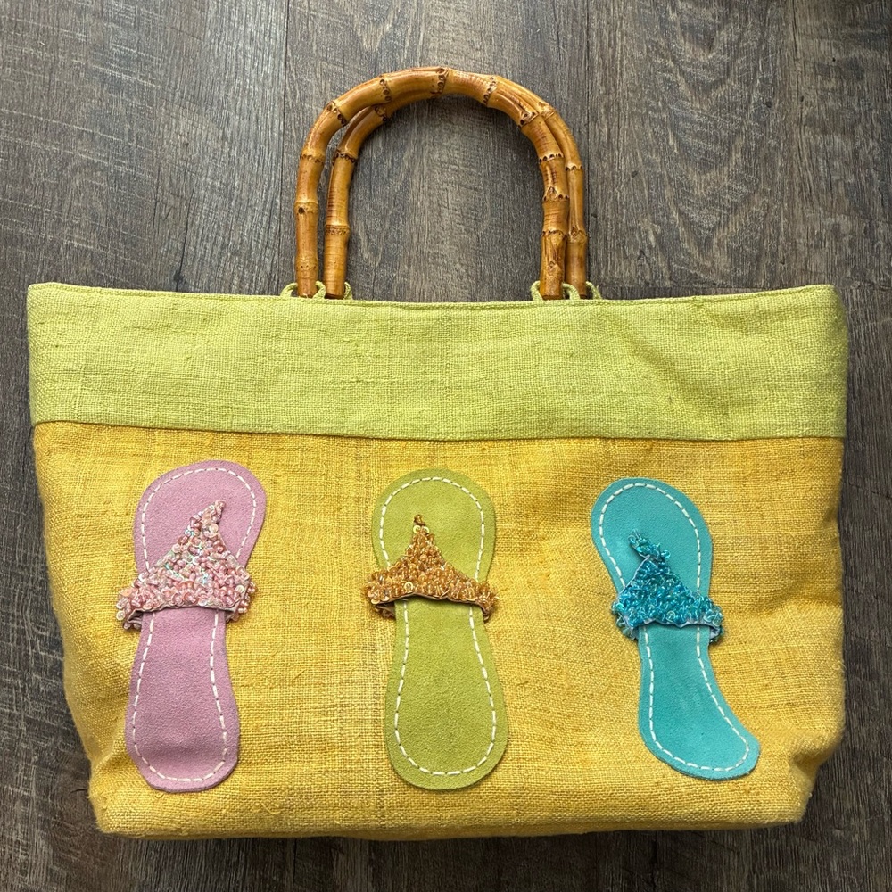 Yellow & Lime Canvas Tote with Colorful Appliqué Flip-Flops